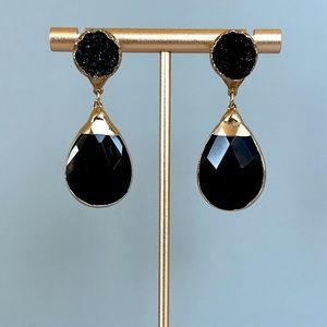 NEW 18K Gold Onyx & Black Drusy Party Drop Earrings